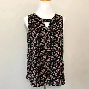 Pleione black feather pattern keyhole sleeveless blouse
